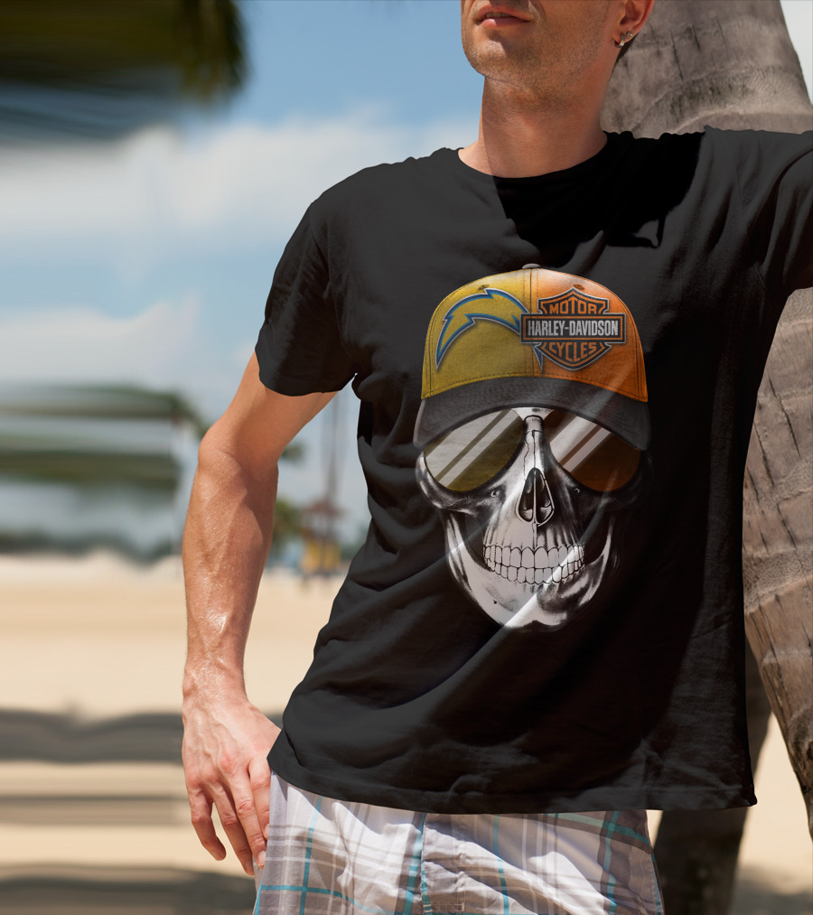 Los Angeles Chargers And Harley Davidson Motorcycle Skull Cap T-Shirt