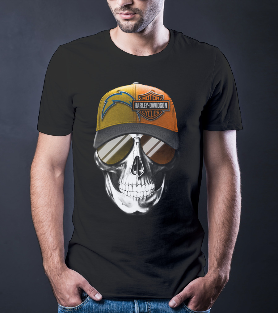Los Angeles Chargers And Harley Davidson Motorcycle Skull Cap T-Shirt