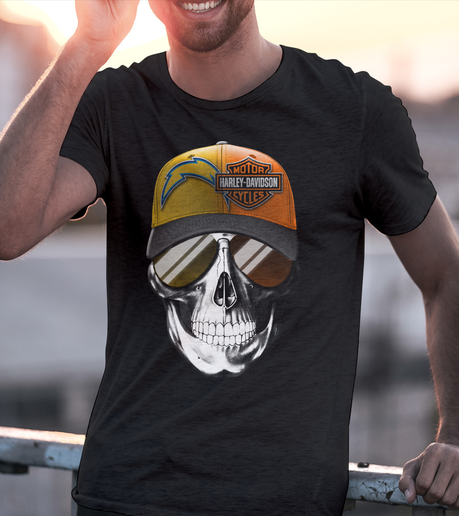 Los Angeles Chargers And Harley Davidson Motorcycle Skull Cap T-Shirt