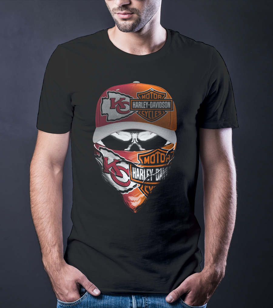 Kansas City Chiefs Harley Davidson Motorcycles Skull Mask And Cap T-Shirt