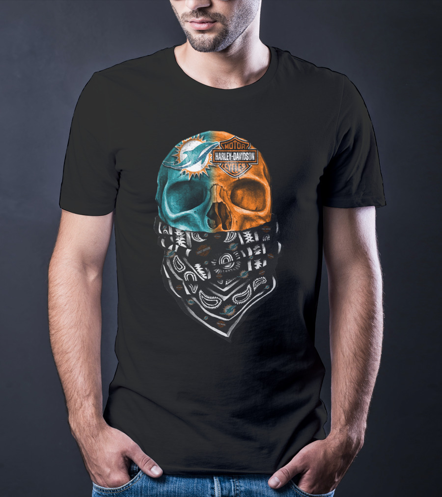 Miami Dolphins Harley Davidson Motorcycles Bandana Skull T-Shirt