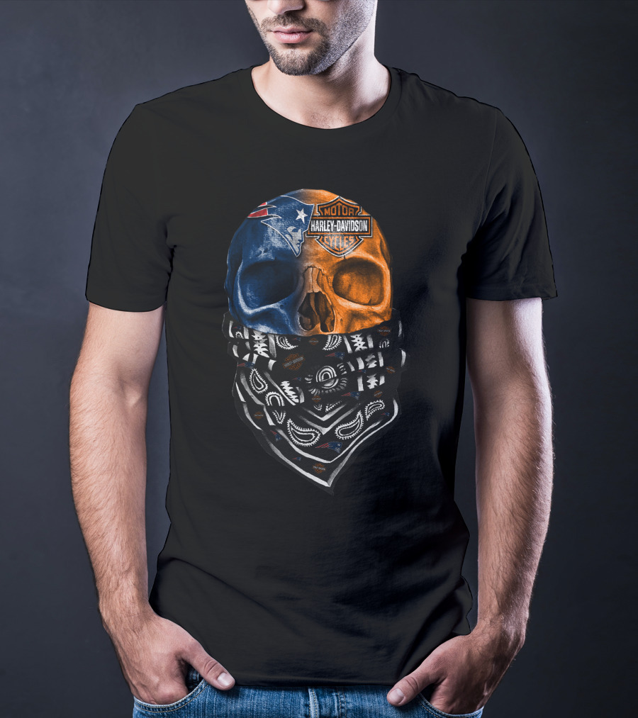 New England Patriots Harley Davidson Bandana Skull T-Shirt