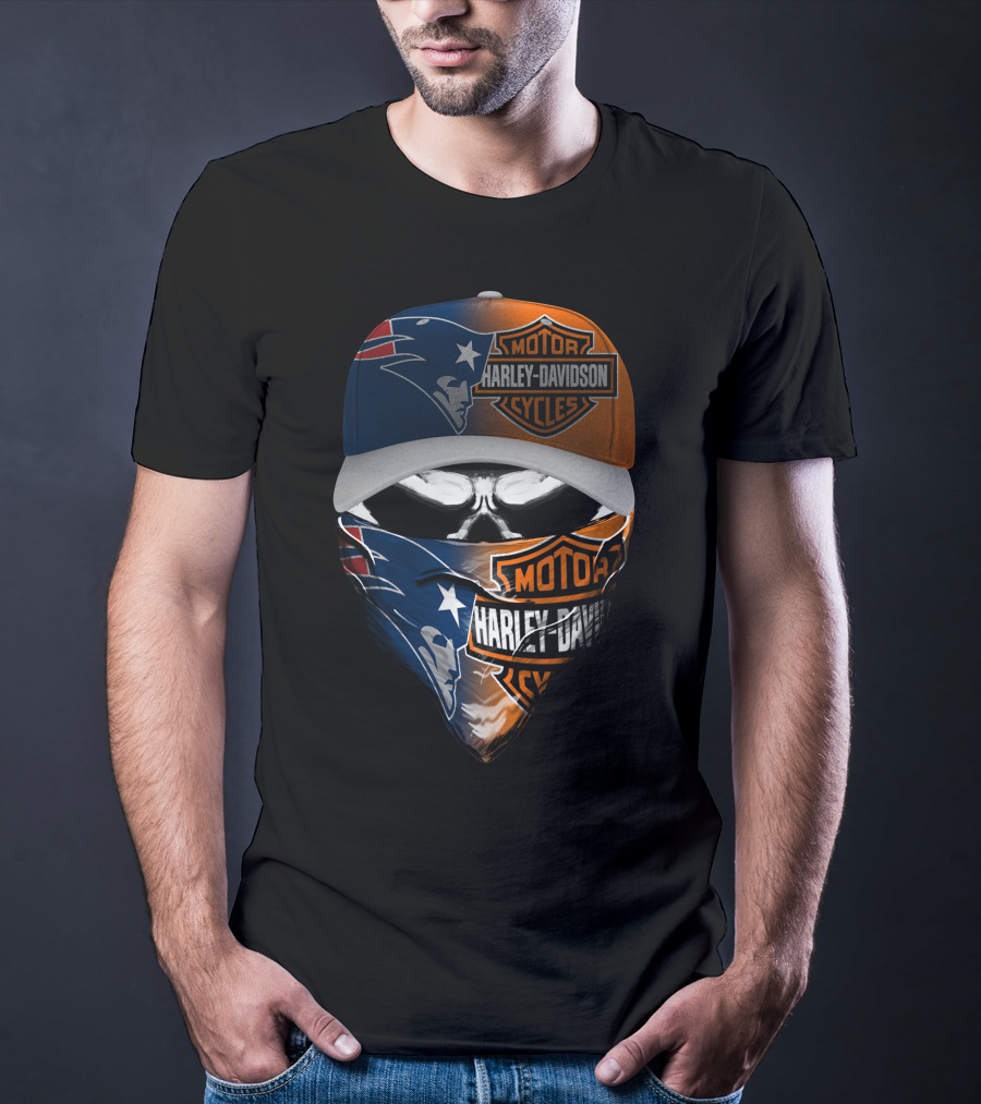 Harley Davidson Motorcycles New England Patriots Skull Bandana Cap T-Shirt