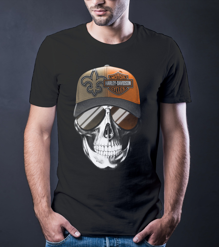 New Orleans Saints Harley Davidson Skull Hat T-Shirt