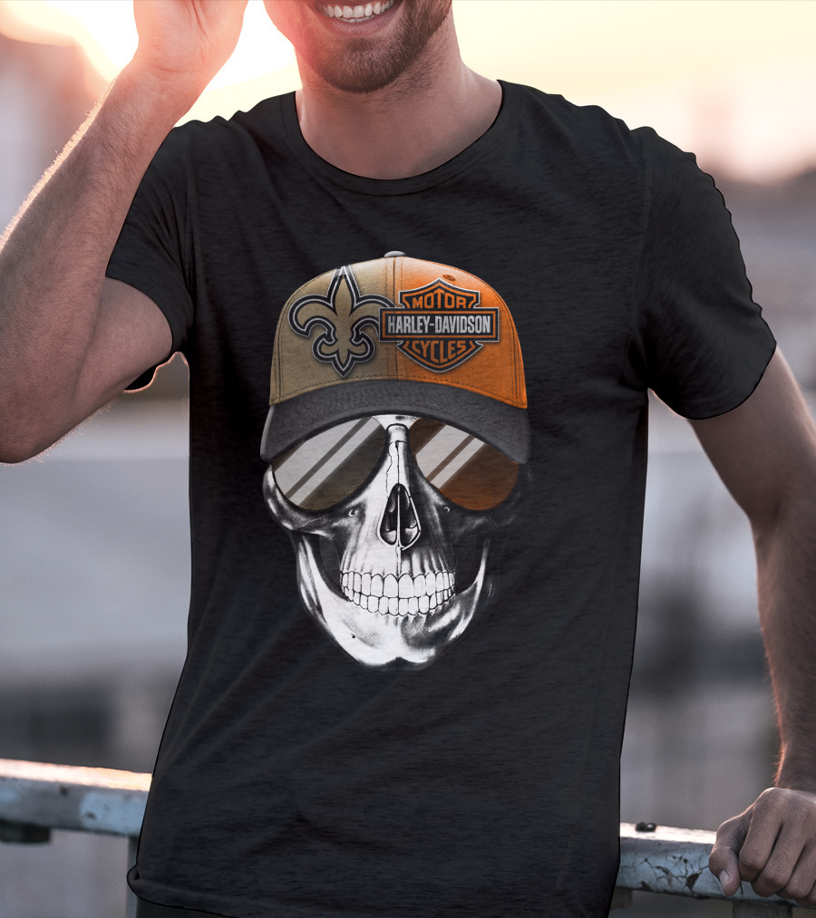 New Orleans Saints Harley Davidson Skull Hat T-Shirt