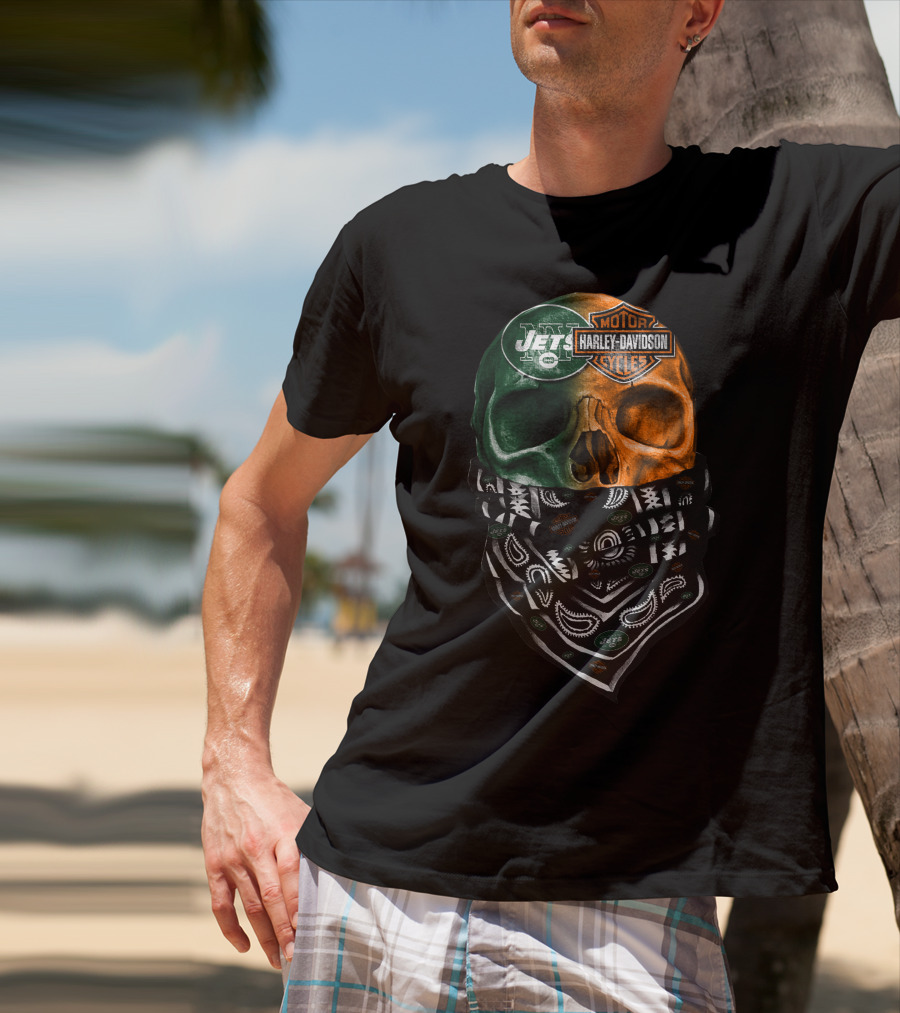New York Jets Harley Davidson Green Orange Skull Bandana T-Shirt