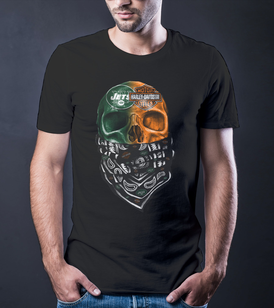 New York Jets Harley Davidson Green Orange Skull Bandana T-Shirt