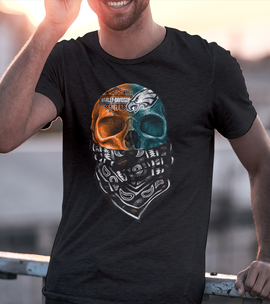 Harley Davidson Motor Cycles Philadelphia Eagles Skulls Bandana T-Shirt