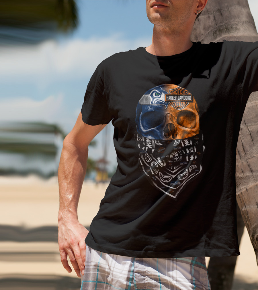 Seattle Seahawks Harley Davidson Skull Bandana T-Shirt
