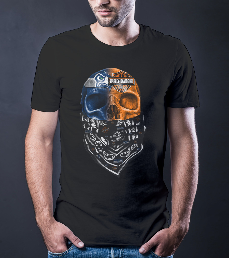 Seattle Seahawks Harley Davidson Skull Bandana T-Shirt
