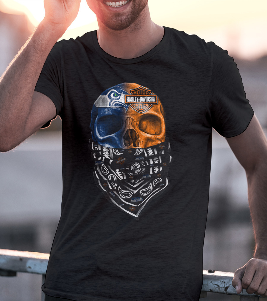 Seattle Seahawks Harley Davidson Skull Bandana T-Shirt