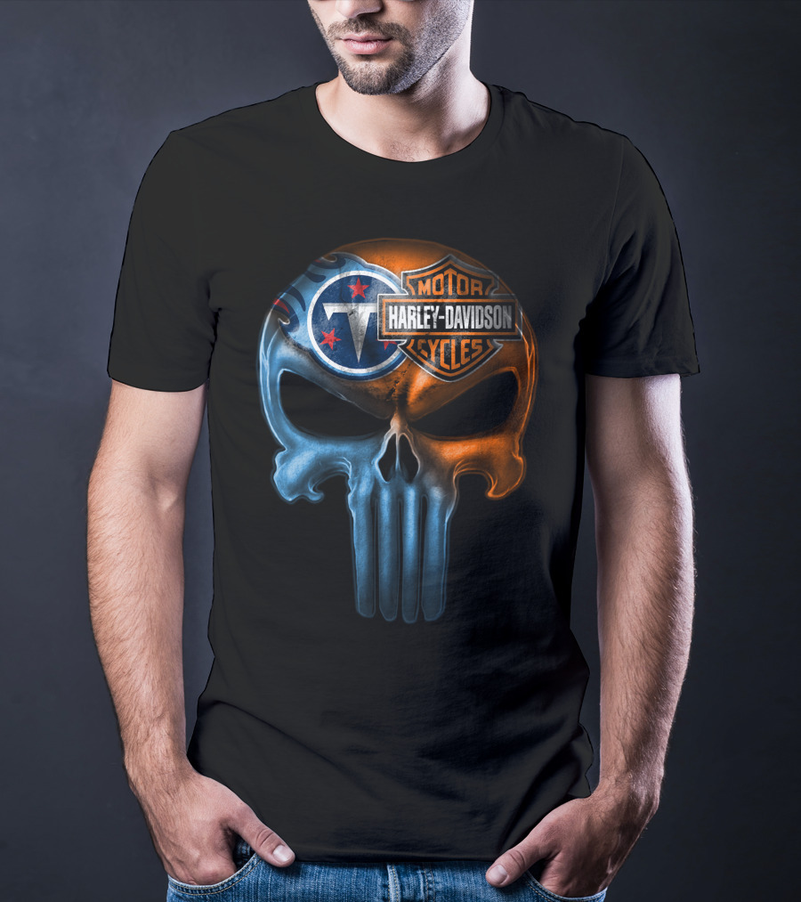 Harley Davidson Motorcycles And Tennessee Titans Logo Skull T-Shirt