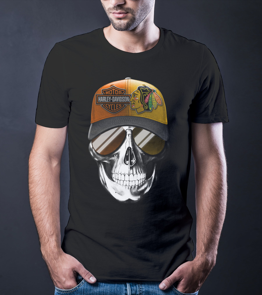 Harley Davidson Chicago Blackhawks Skull Cap T-Shirt
