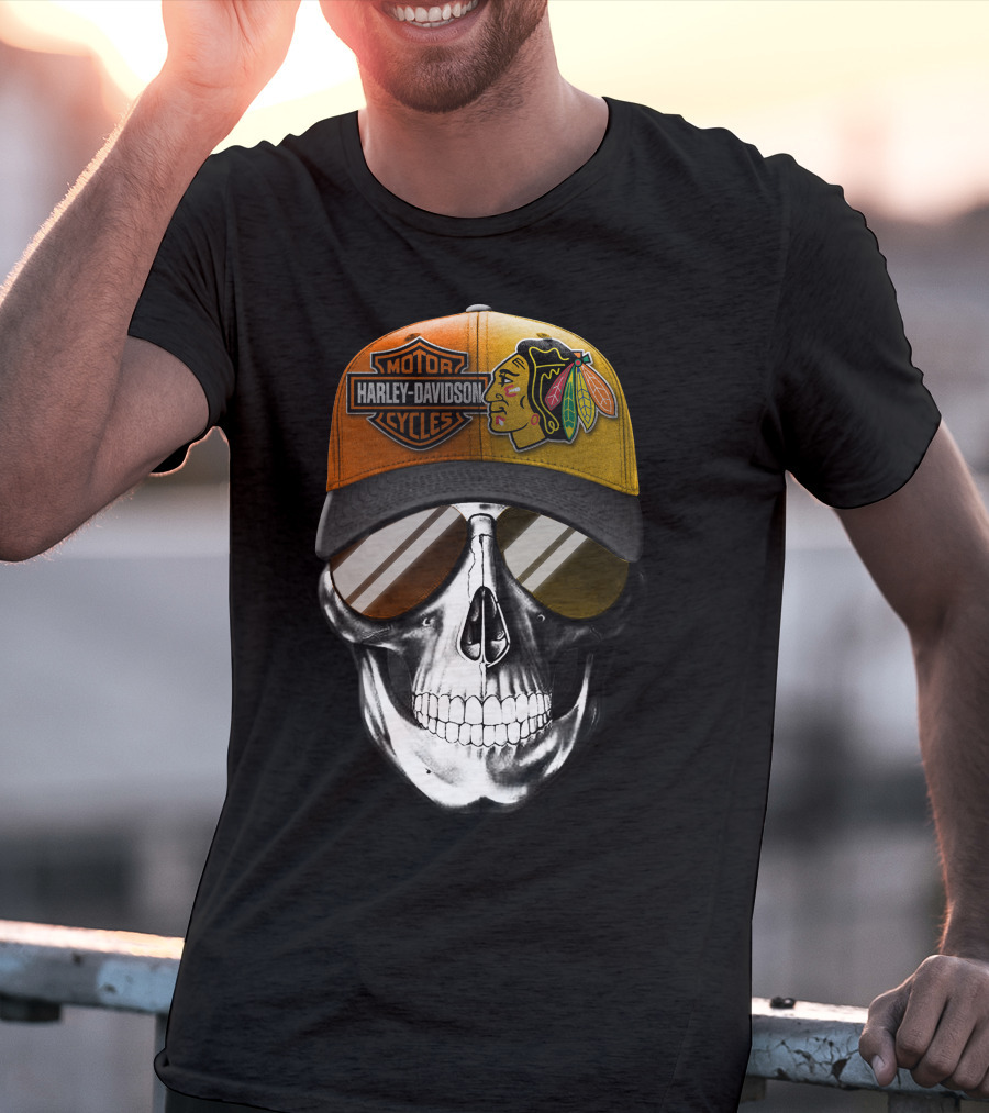 Harley Davidson Chicago Blackhawks Skull Cap T-Shirt
