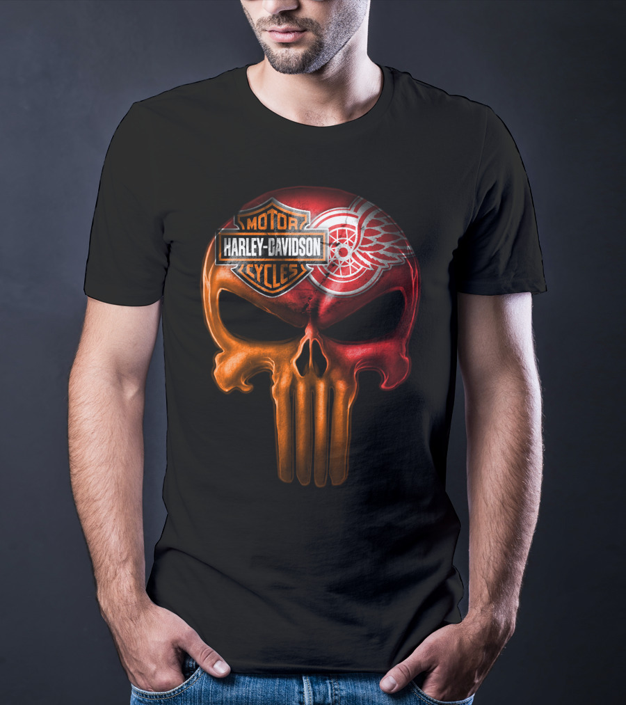 Harley Davidson Motorcycles Detroit Red Wings Punisher Skull T-Shirt