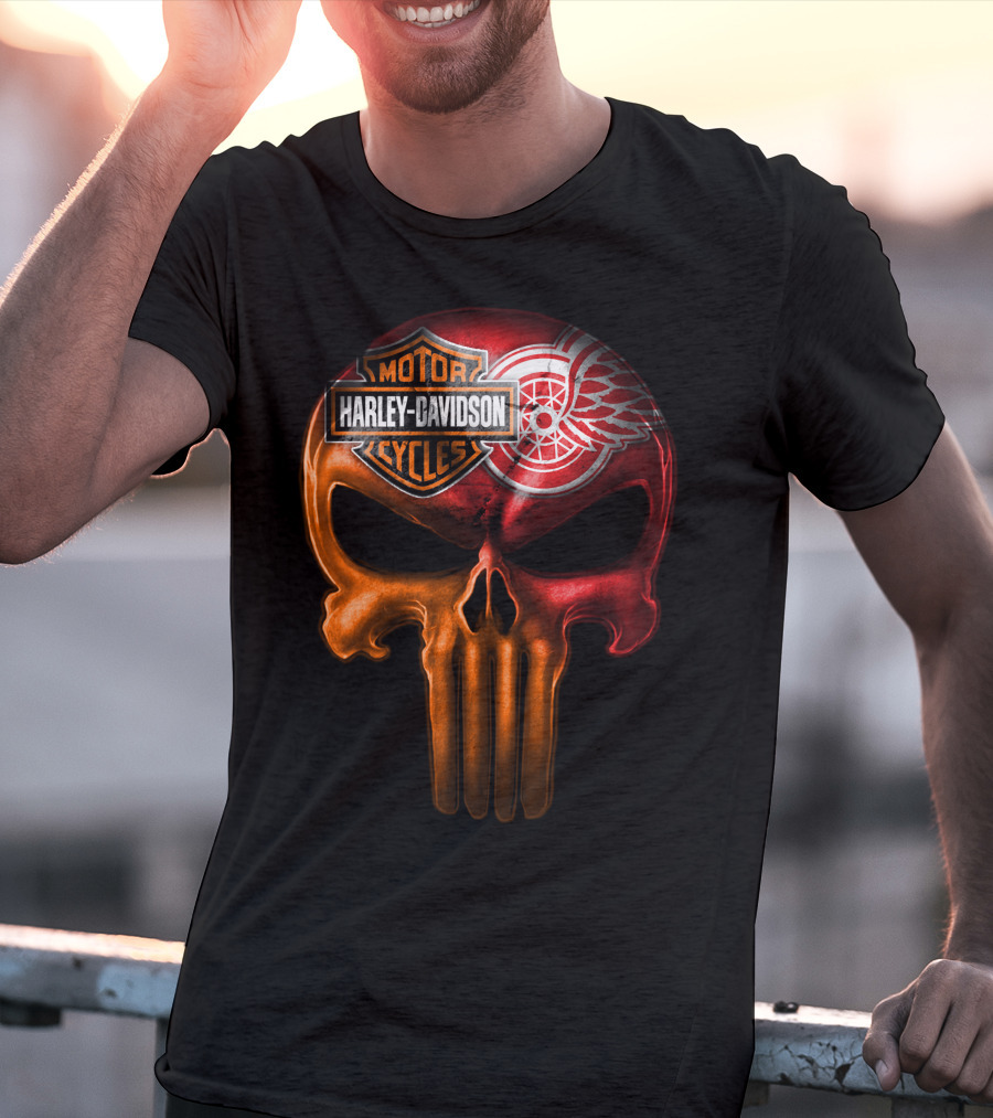 Harley Davidson Motorcycles Detroit Red Wings Punisher Skull T-Shirt