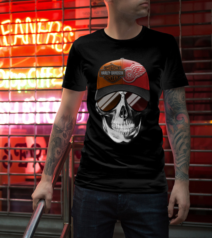 Harley Davidson Motor Cycles Red Wings Skull Cap T-Shirt
