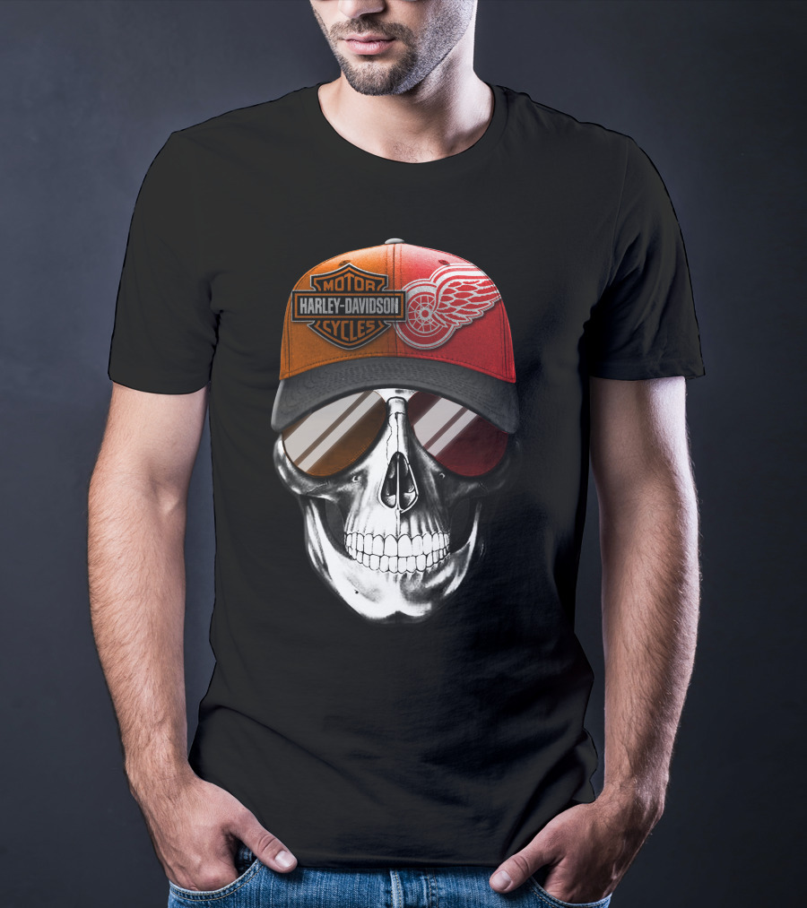 Harley Davidson Motor Cycles Red Wings Skull Cap T-Shirt