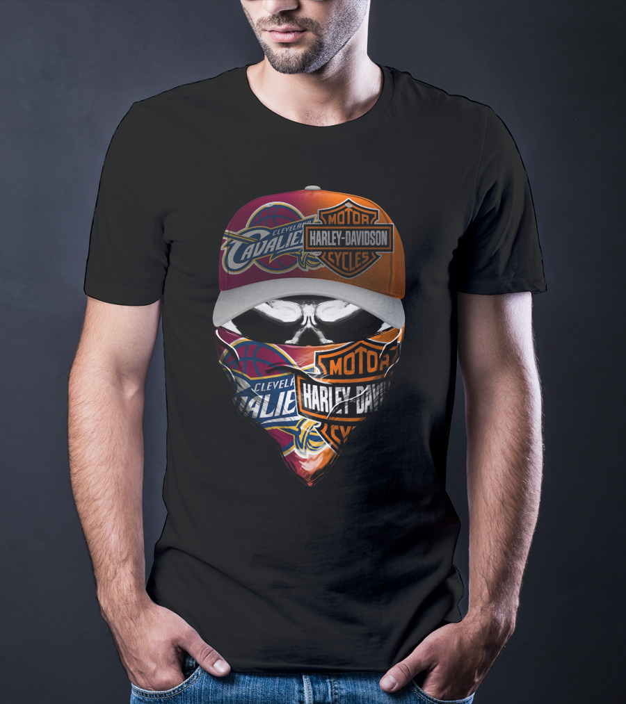 Cleveland Cavaliers Harley Davidson Cyclist Skull Face Mask And Cap T-Shirt