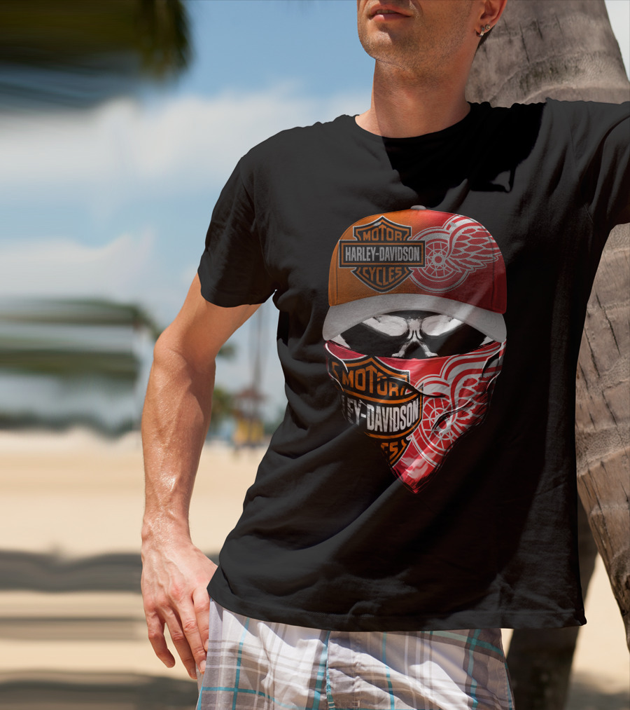 Harley Davidson Detroit Red Wings Bandana Hat Skull T-Shirt