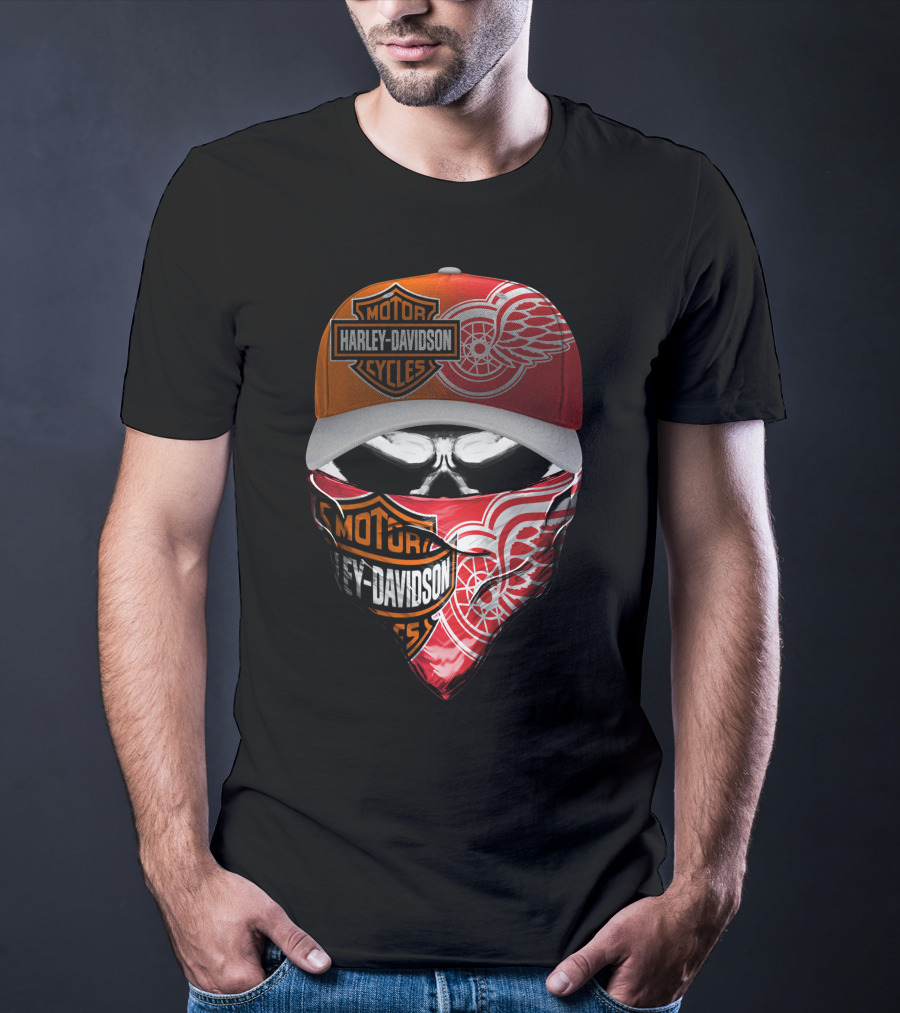 Harley Davidson Detroit Red Wings Bandana Hat Skull T-Shirt