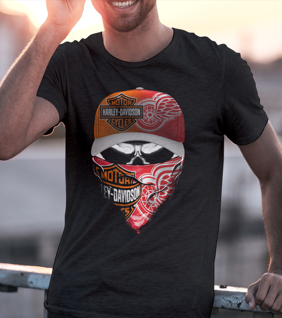 Harley Davidson Detroit Red Wings Bandana Hat Skull T-Shirt