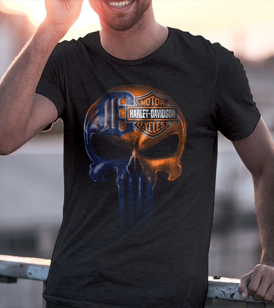 Harley Davidson Motorcycles Skull With Detroit Tigers T-Shirt