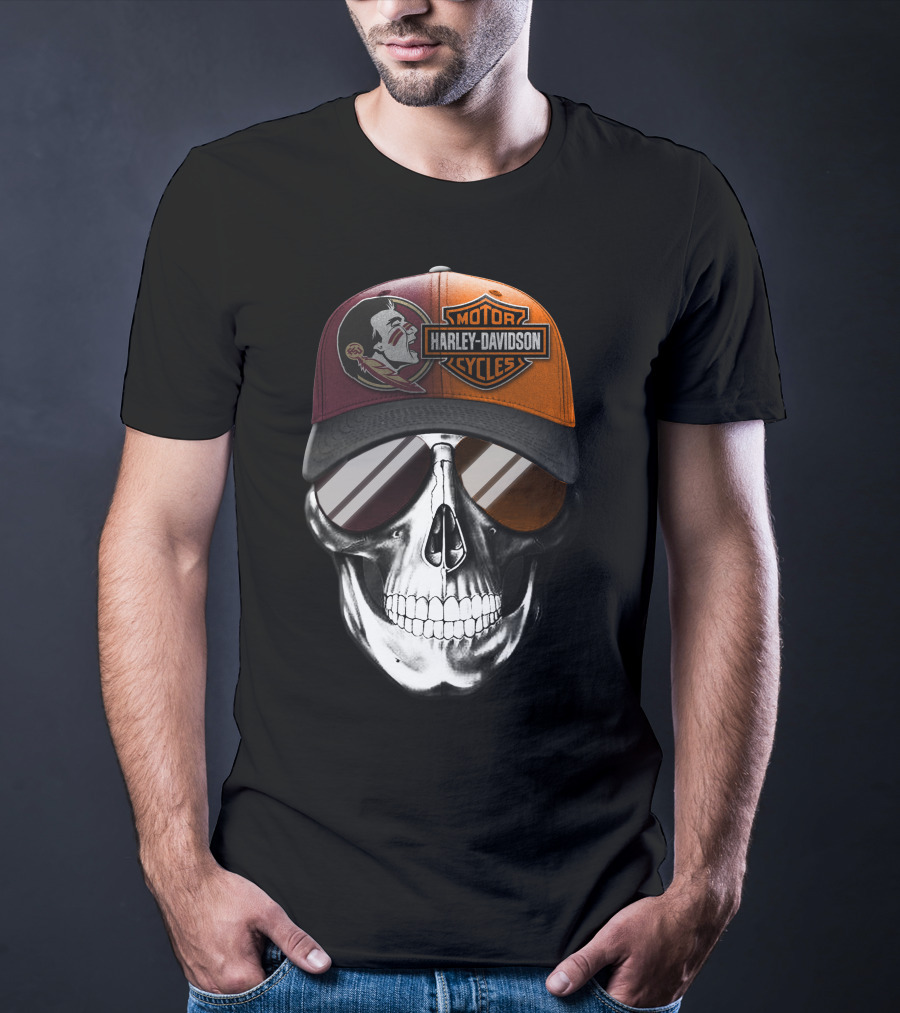 Harley Davidson Motor Cycles Logo Skull With Feathered Logo Cap T-Shirt