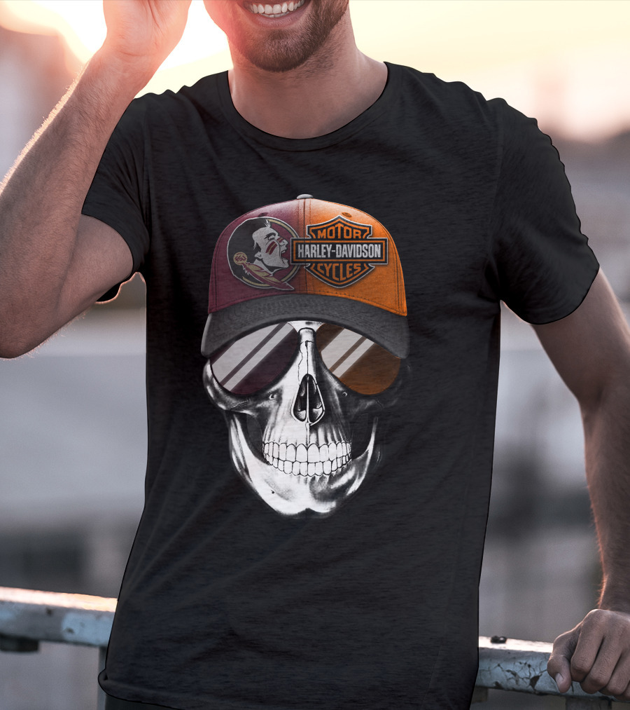 Harley Davidson Motor Cycles Logo Skull With Feathered Logo Cap T-Shirt