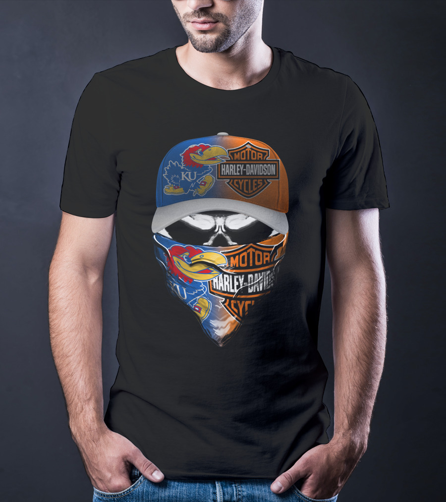 Ku Jayhawks Harley Davidson Skull Motorcycle Fan Gear T-Shirt