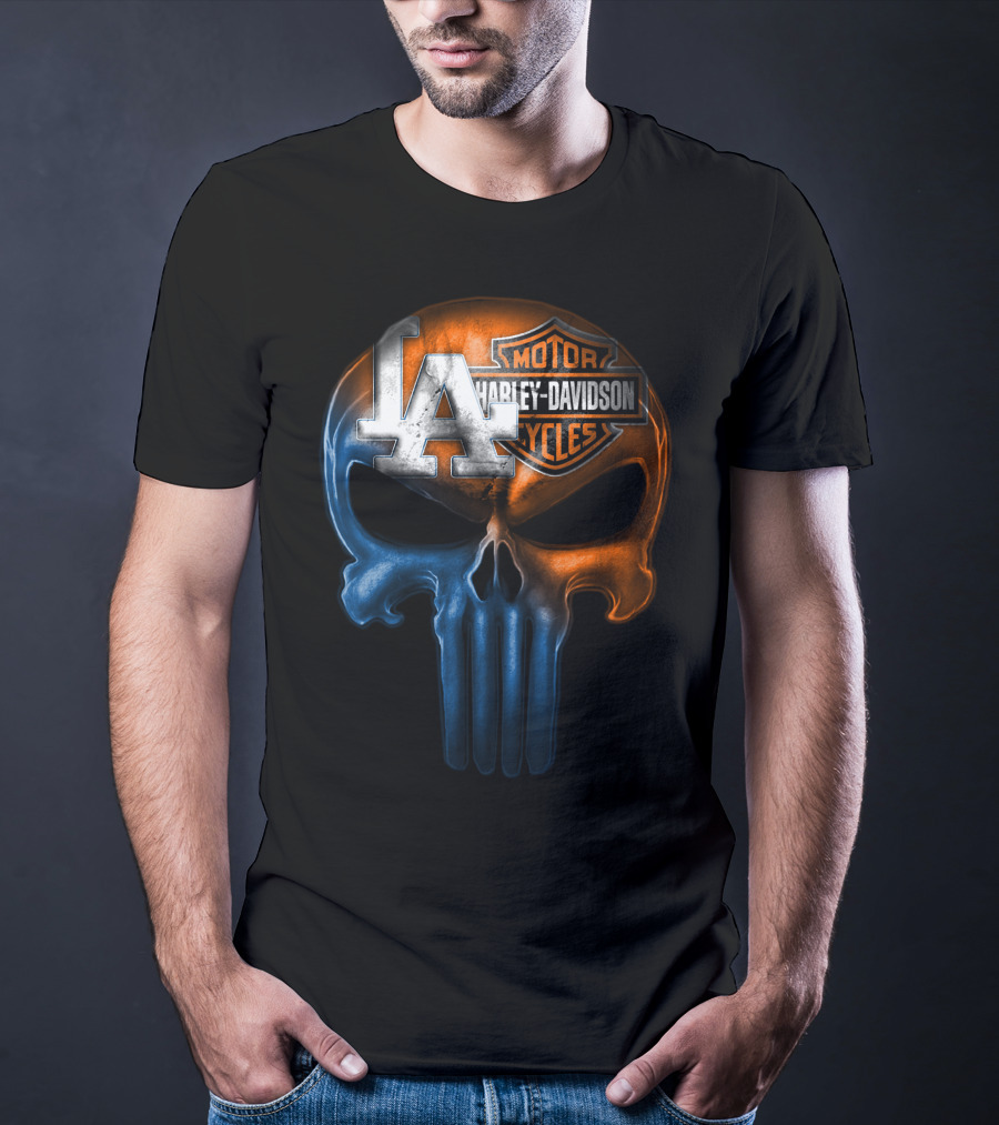 Los Angeles Dodgers Harley Davidson Biker Skull T-Shirt