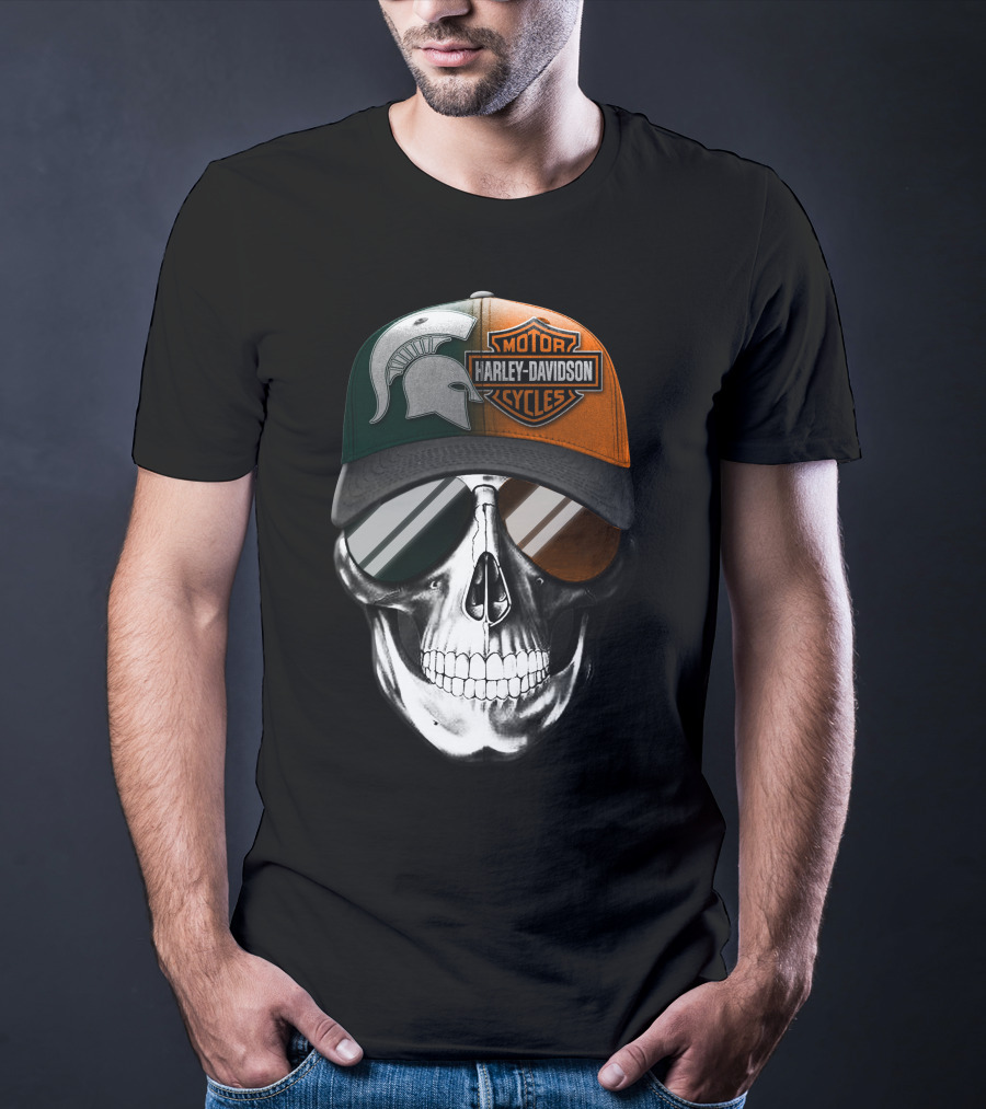 Skull With Michigan State Spartan And Harley Davidson Motorcycles Cap T-Shirt