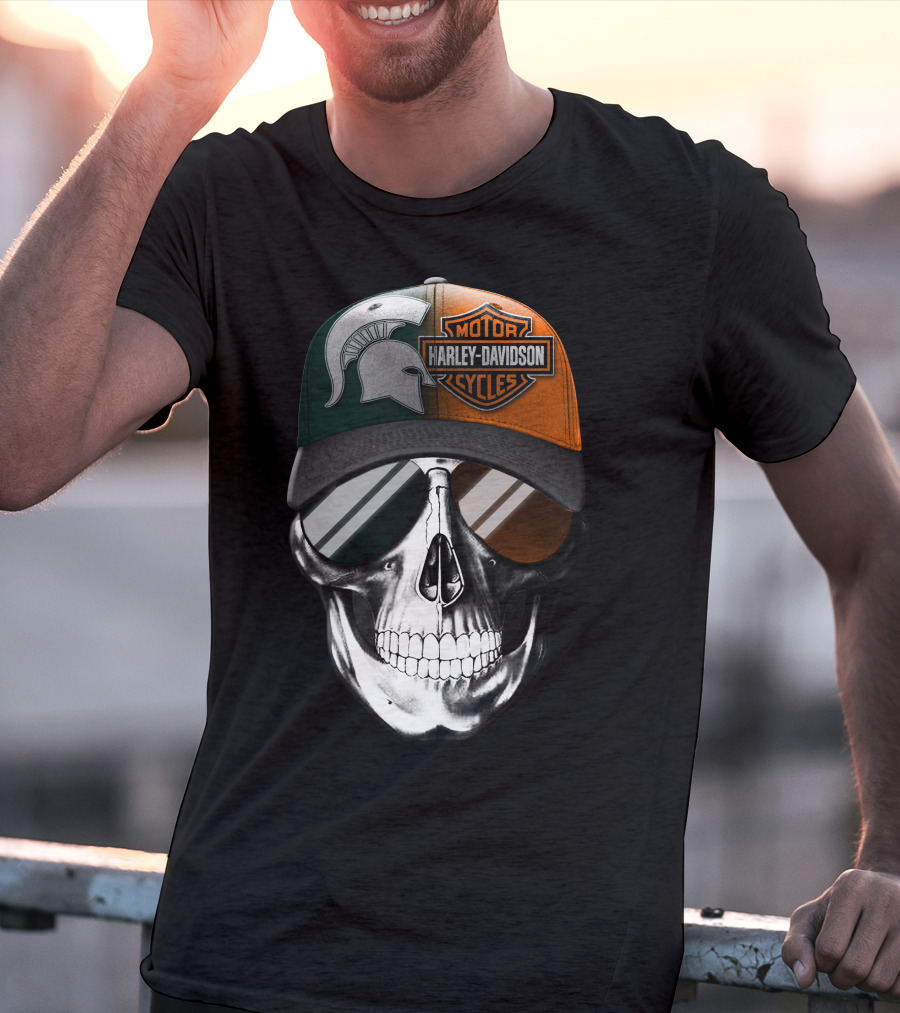 Skull With Michigan State Spartan And Harley Davidson Motorcycles Cap T-Shirt