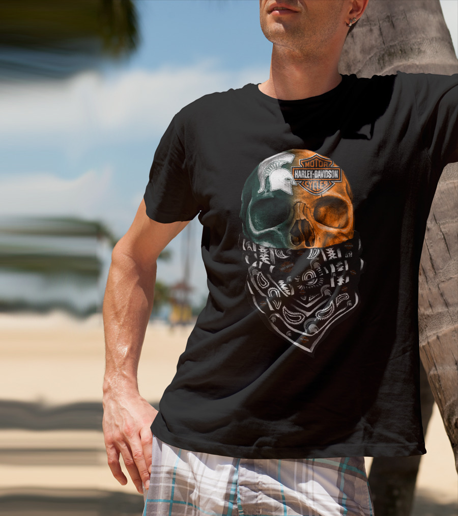 Harley Davidson Skull With Michigan State Spartans Bandana T-Shirt