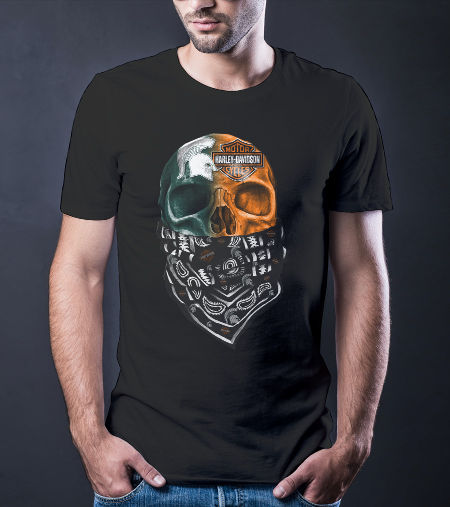 Harley Davidson Skull With Michigan State Spartans Bandana T-Shirt