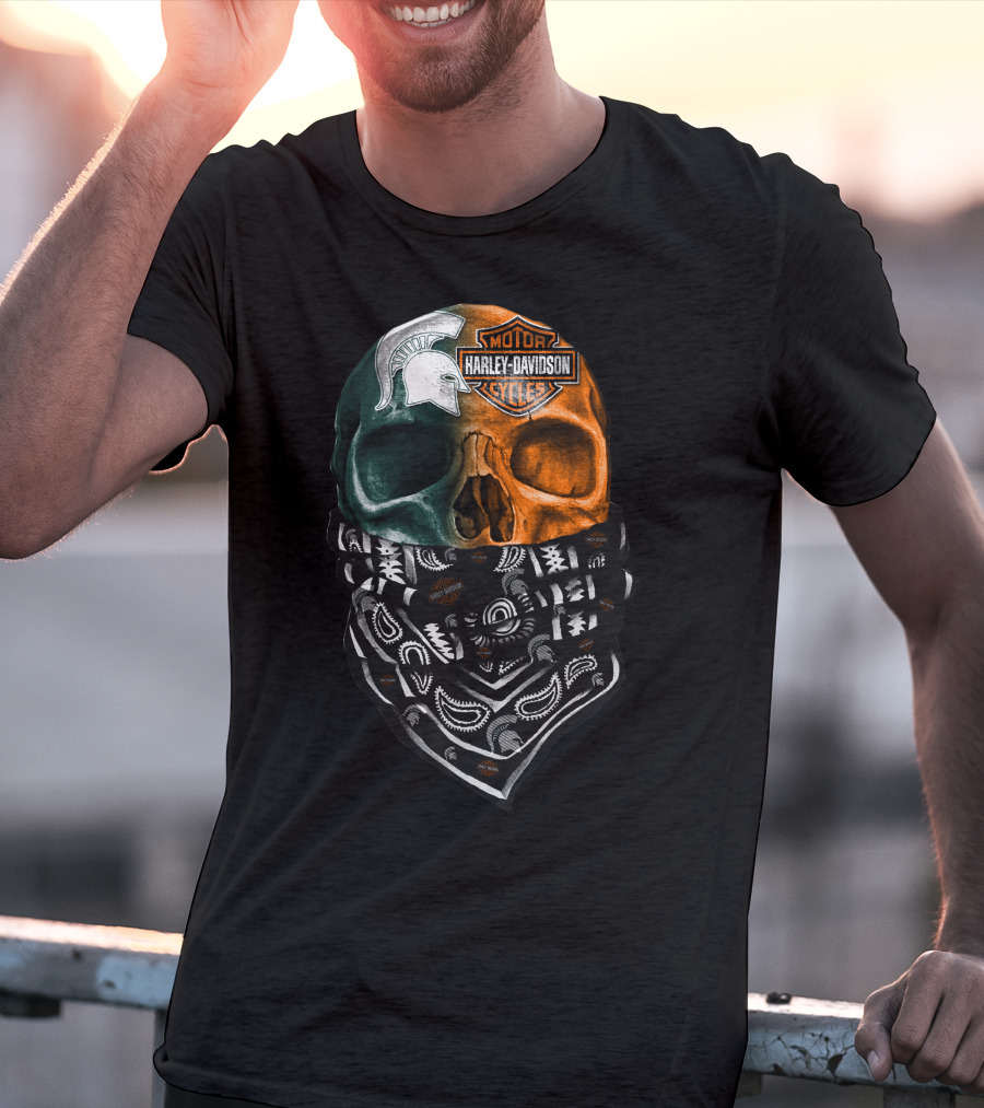 Harley Davidson Skull With Michigan State Spartans Bandana T-Shirt