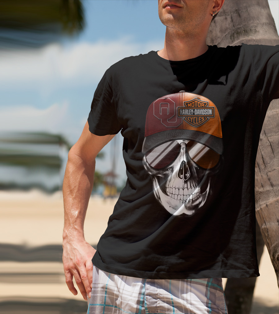 Harley Davidson Motorcycles Oklahoma Sooners Cap Skull T-Shirt
