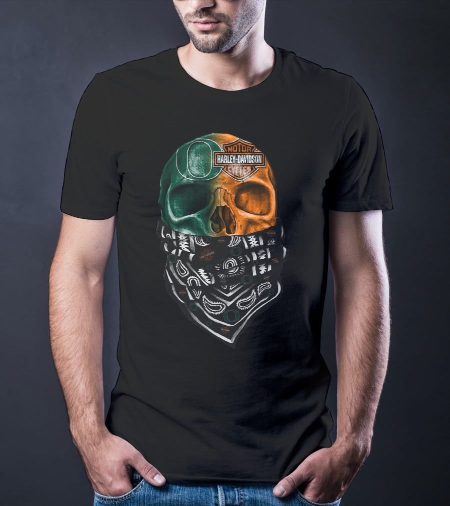 Harley Davidson Motorcycles Dual-Tone Skull With Bandana And Logos T-Shirt