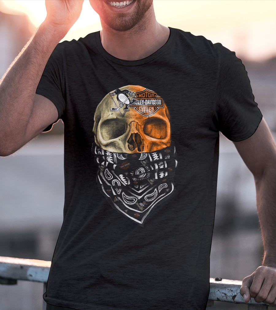Penguins And Harley Davidson Skull Bandana T-Shirt