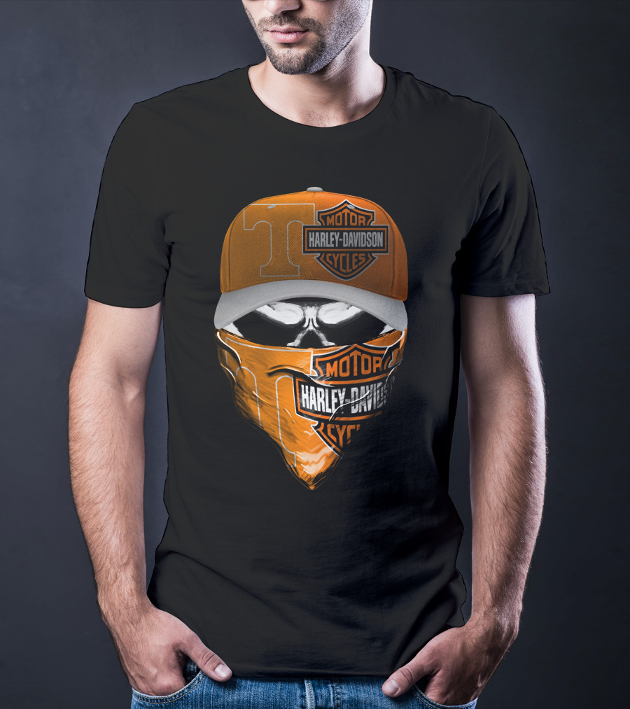 Harley Davidson Motorcycles Skull With Tennessee Volunteers Cap And Bandana T-Shirt