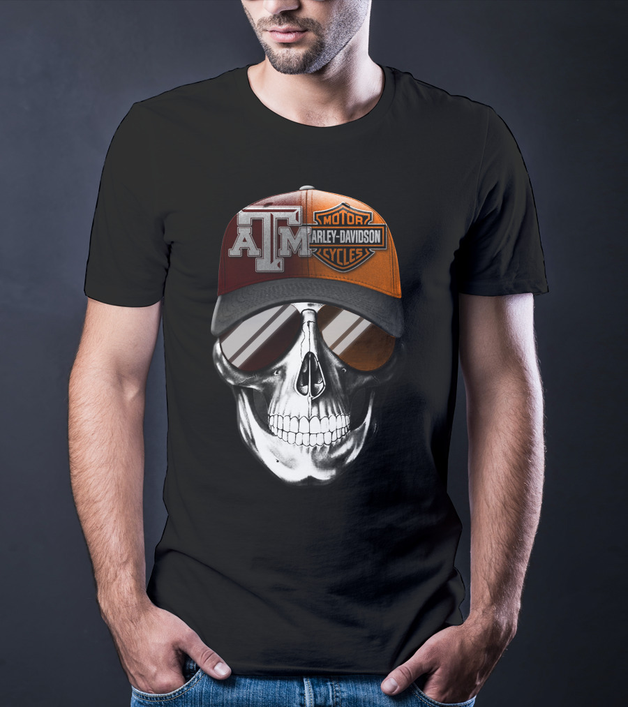 Texas A&M Harley Davidson Skull Hat With Sunglasses T-Shirt
