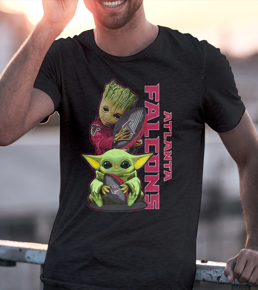 Grzd Atlanta Falcons Baby Groot Yoda Holding Football T-Shirt