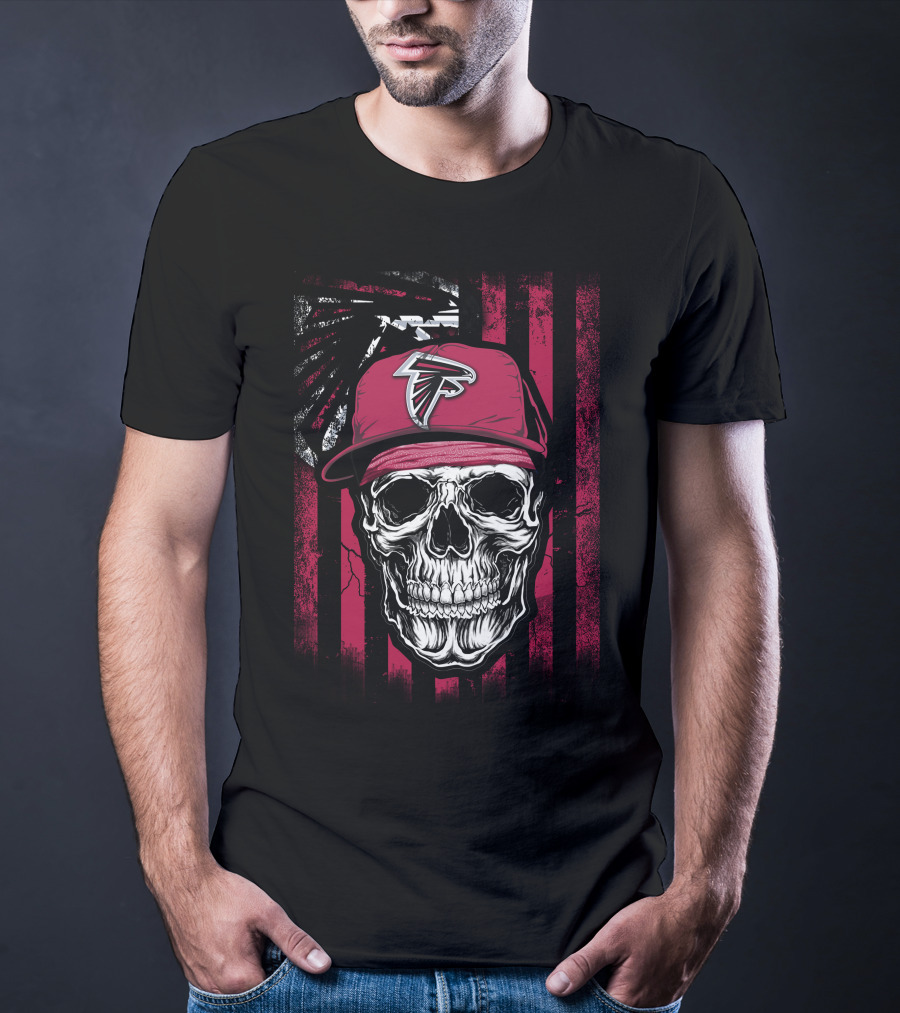 Skull Wearing Atlanta Falcons Cap With Red And Black T-Shirt