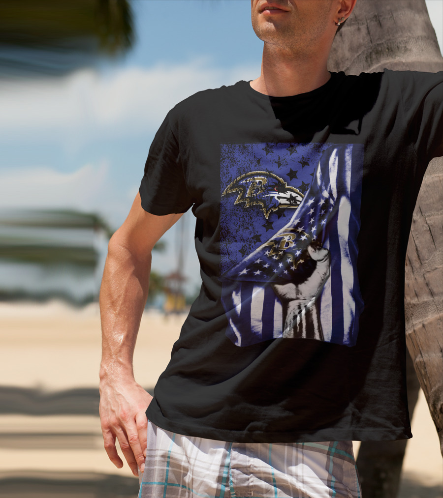 Baltimore Ravens Flag Stars Fist Ravens Logo Blue White T-Shirt