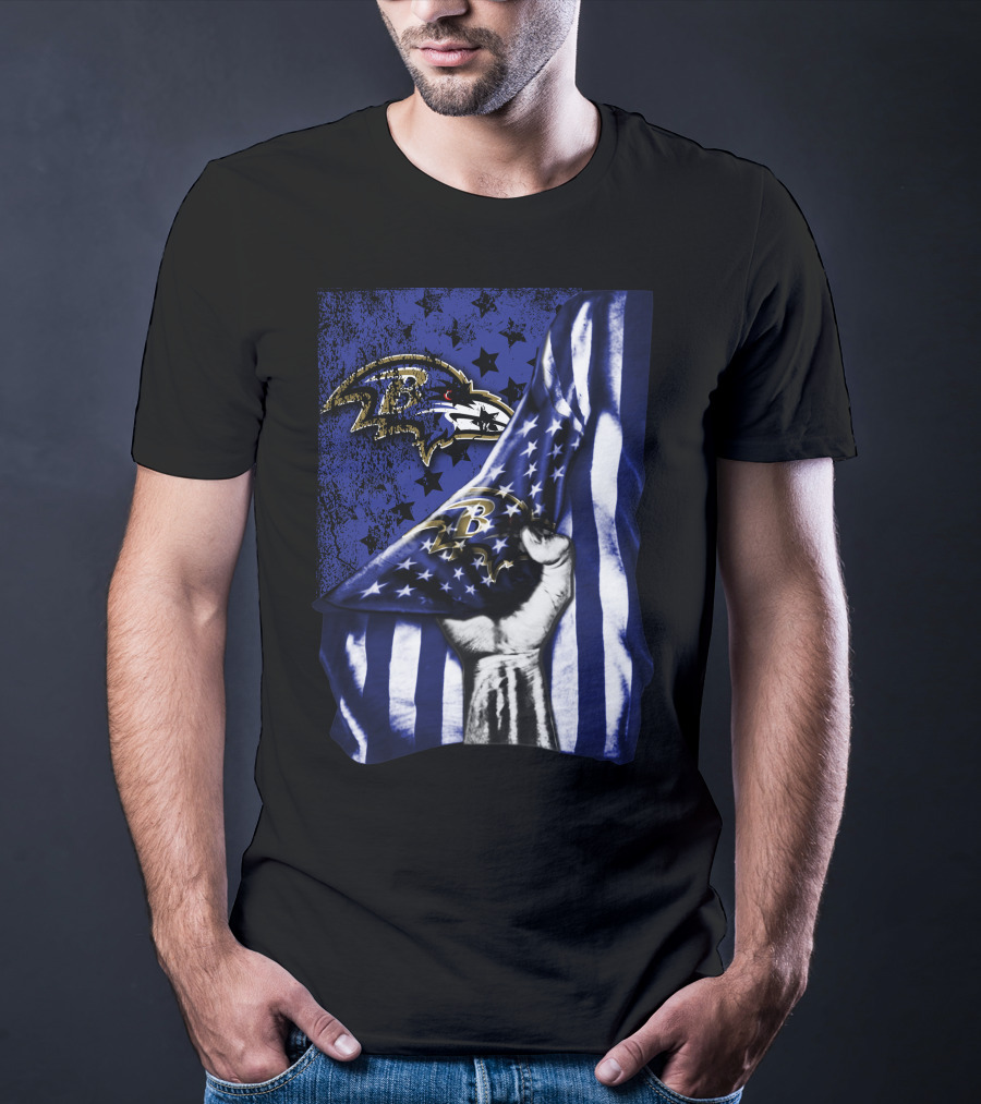 Baltimore Ravens Flag Stars Fist Ravens Logo Blue White T-Shirt