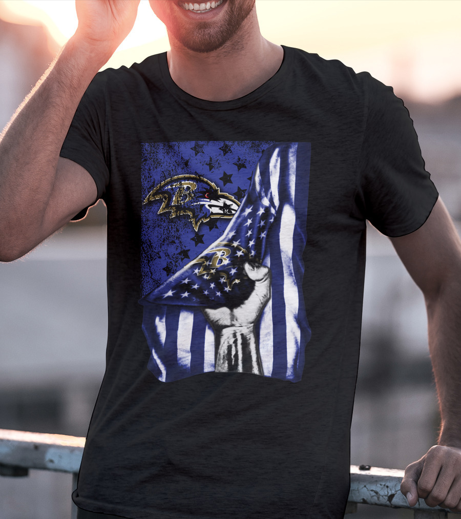 Baltimore Ravens Flag Stars Fist Ravens Logo Blue White T-Shirt