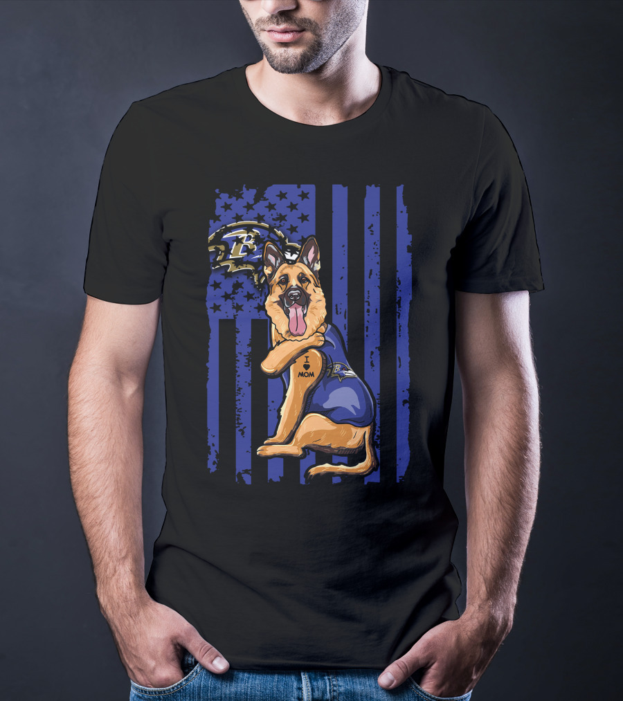 German Shepherd I Love Mom Baltimore Ravens Fan Flag Stars And Stripes T-Shirt
