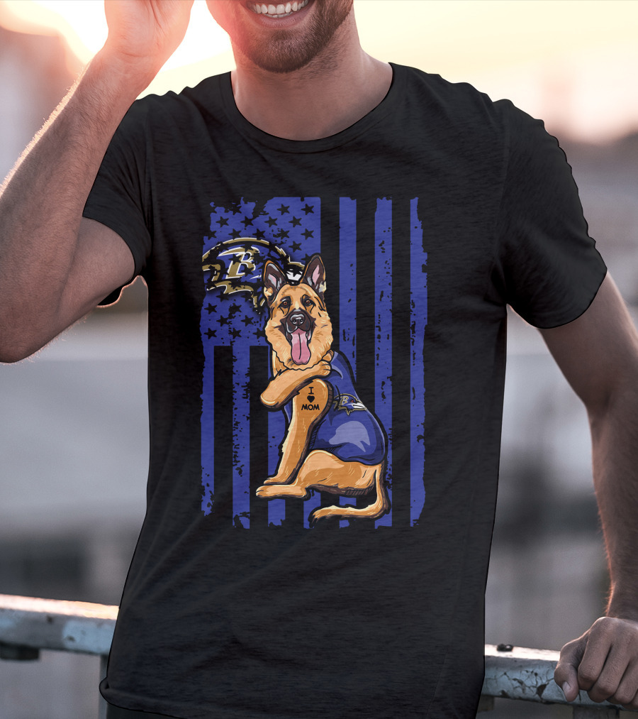 German Shepherd I Love Mom Baltimore Ravens Fan Flag Stars And Stripes T-Shirt