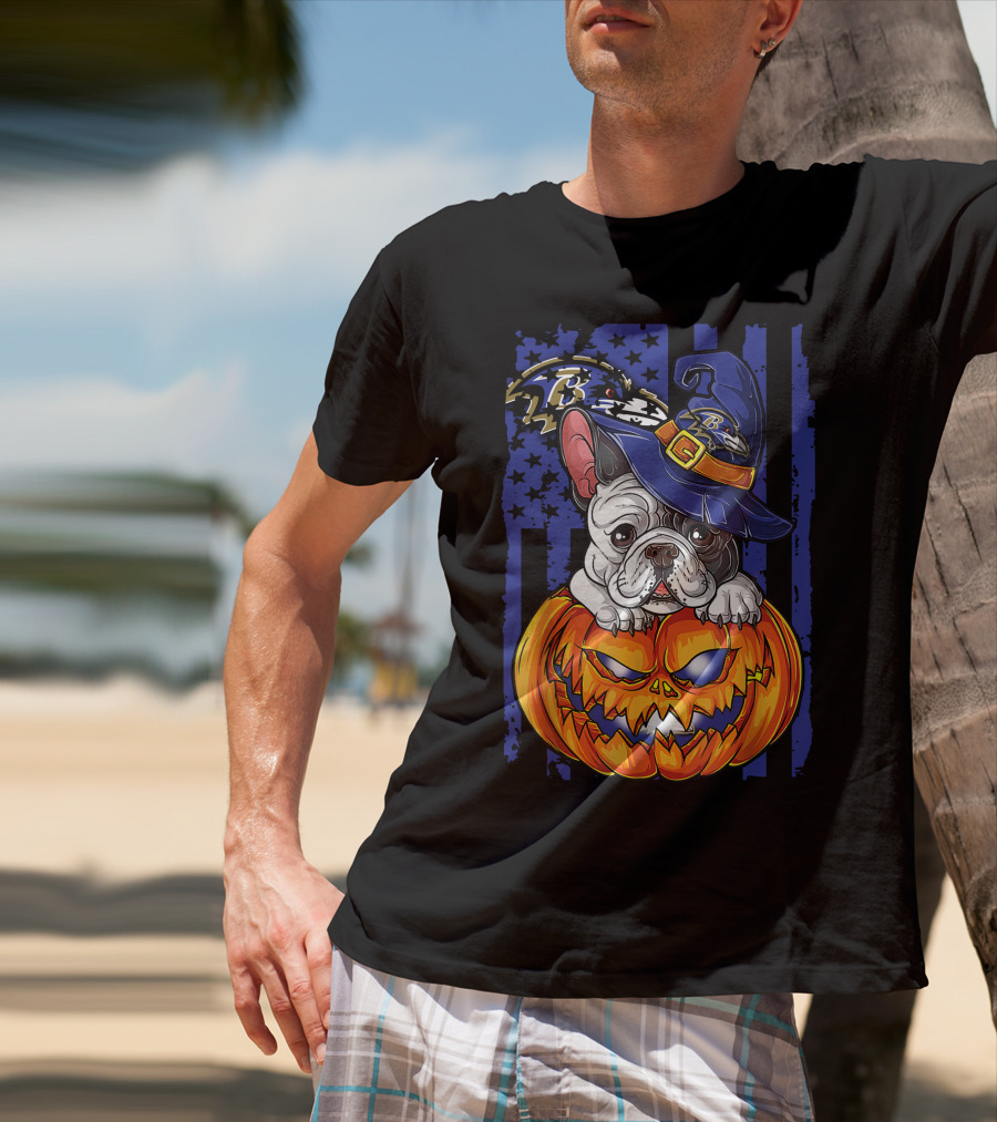 Bulldog Halloween Pumpkin Baltimore Ravens Wizard Hat T-Shirt