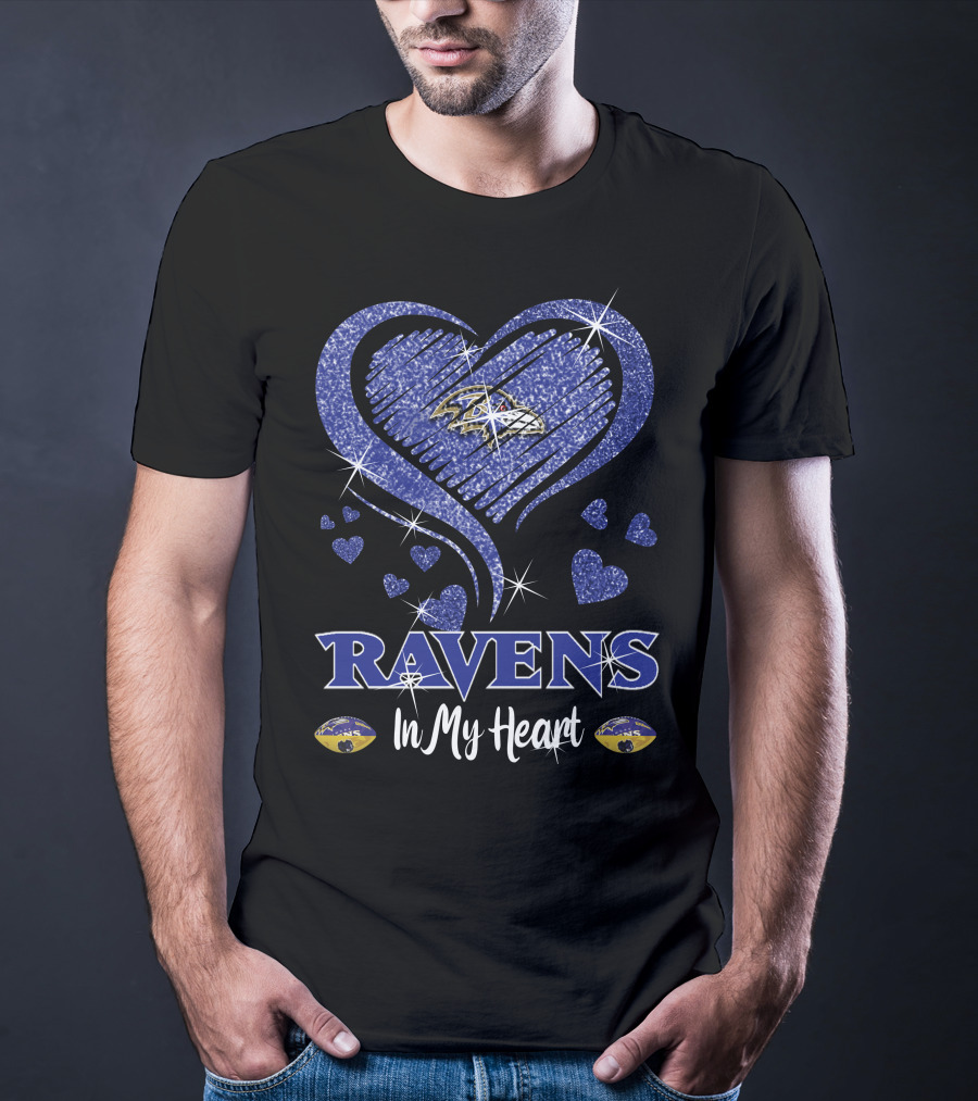 Ravens In My Heart Baltimore Ravens Heart Logo With Sparkling Effect T-Shirt